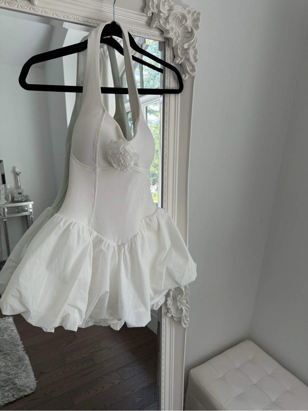Women’s White Halter Skater Slip Dress with Floral Detail